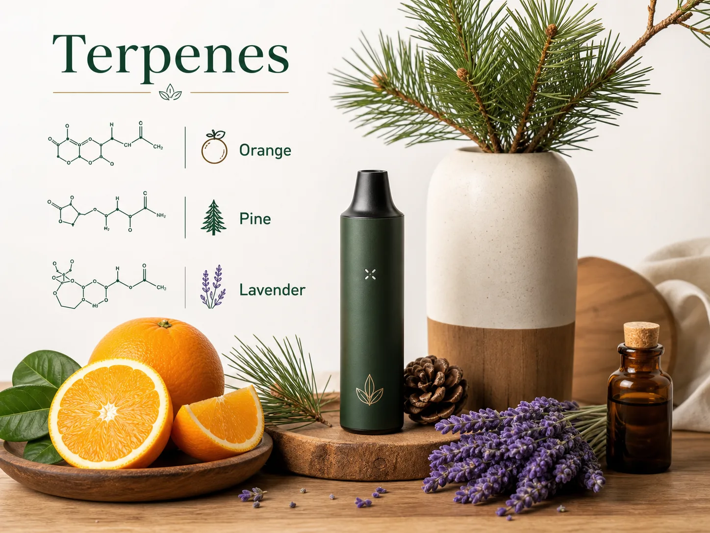 ตัวอย่าง terpene จากแหล่งต่างๆ เช่น ส้ม สน ลาเวนเดอร์